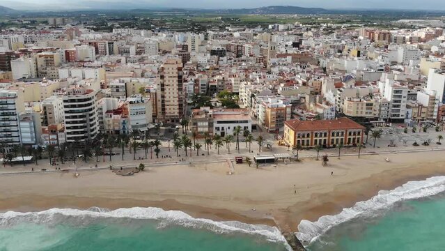 Aerial View Of The Resort Town By The Sea With The Promenade And Sandy Beach (Vinaros, Spain)
