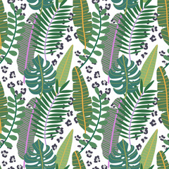 Fototapeta premium Vector seamless pattern with tropical leaves. Jungles. Tropical pattern. Animal print. Hand drawn illustration. The print is used for Wallpaper, fabric, textile.