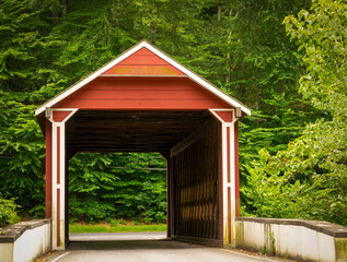 View of a Covered Bridge on a Lonely Road in the Middle of the Countryside on a Cloudy Day