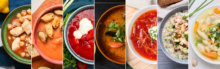 Set of tasty soups in bowls, top view