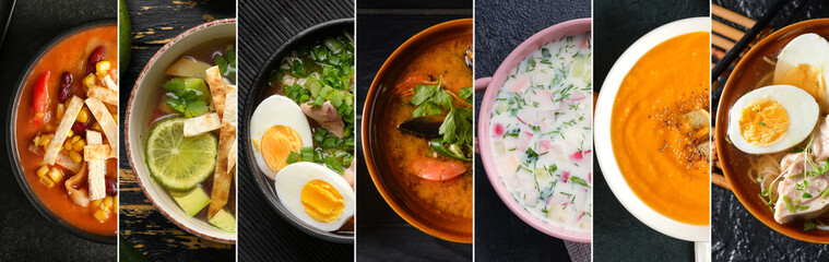 Set of tasty soups in bowls on dark background, top view