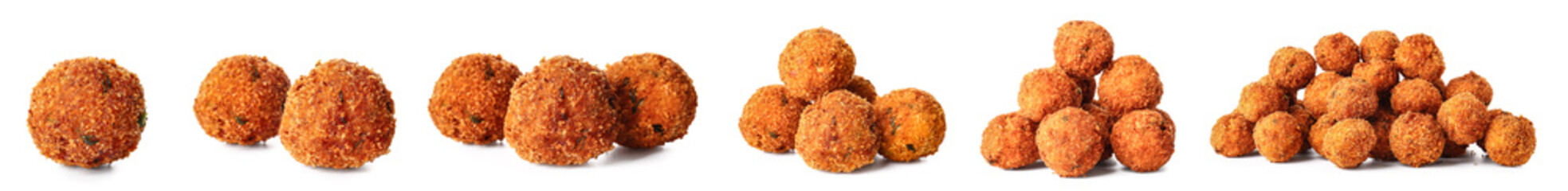 Set of tasty cod cutlets on white background