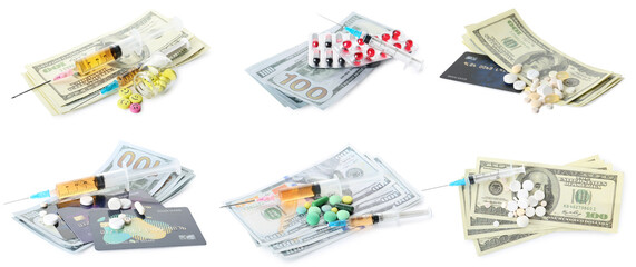 Set of drugs, money and credit cards isolated on white