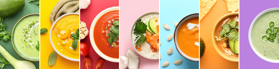 Collection of tasty cream soups in bowls on colorful background, top view