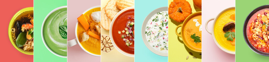 Collection of tasty soups in bowls on colorful background, top view