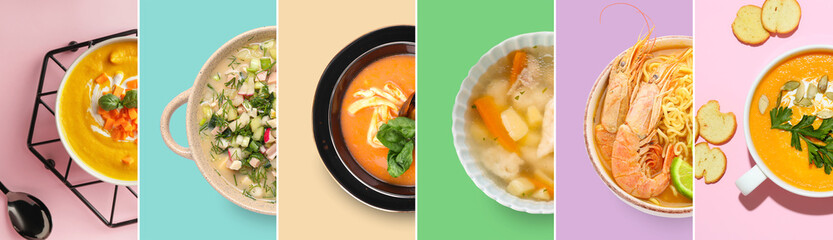 Collection of tasty soups in bowls on colorful background, top view
