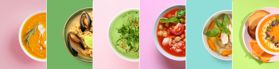 Collection of tasty soups in bowls on colorful background, top view