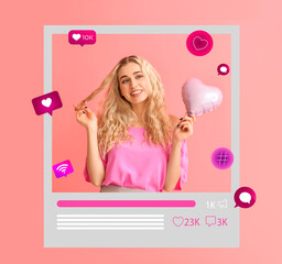 Happy young female blogger with heart shaped air balloon on pink background