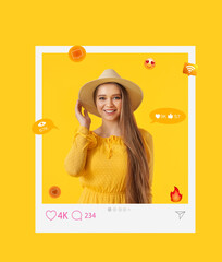 Stylish young female blogger on yellow background