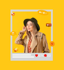 Fashionable young female blogger on yellow background