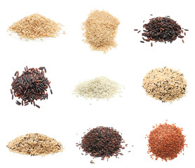 Different types of rice isolated on white