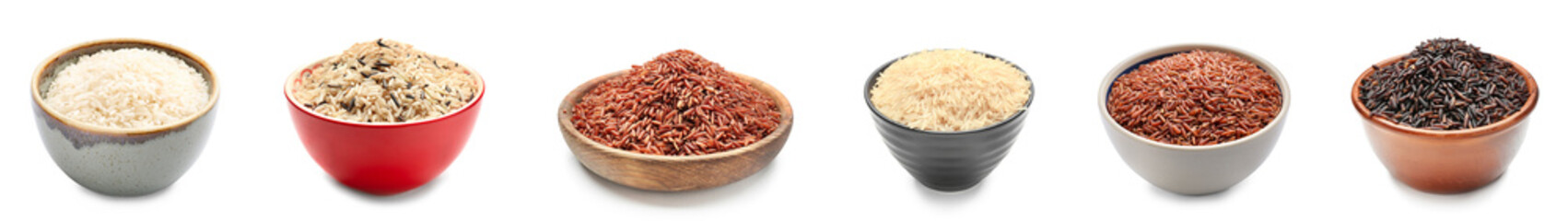 Bowls with different types of rice isolated on white