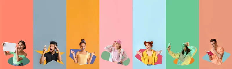 Gardinen Farbenfroh Collage with many young people on colorful background  © Pixel-Shot