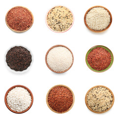 Bowls with different types of rice isolated on white, top view