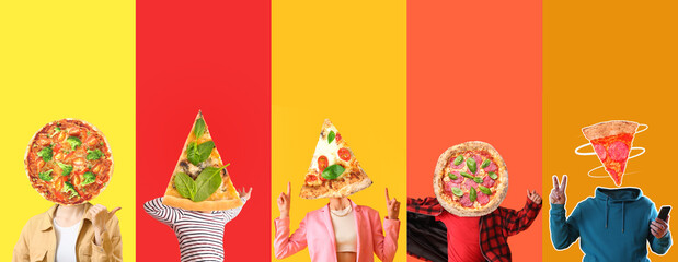 Many people with pizza instead of their heads on colorful background