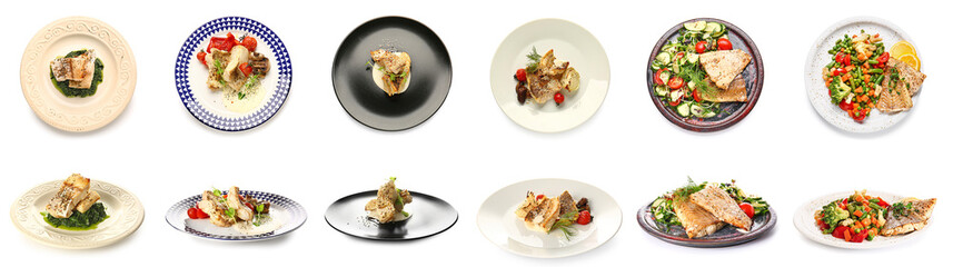 Set of plates with tasty baked cod fish fillet and vegetables on white background