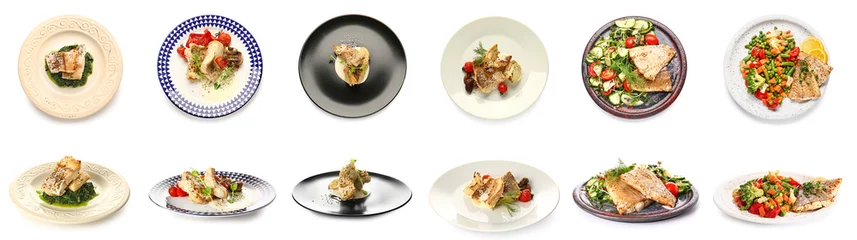 Photo sur Plexiglas Légumes frais Set of plates with tasty baked cod fish fillet and vegetables on white background