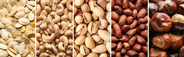 Collage with many different nuts and pumpkin seeds - Powered by Adobe