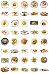 Set of plates with tasty baked cod fish fillet on white background