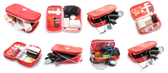 Set of first aid kits isolated on white