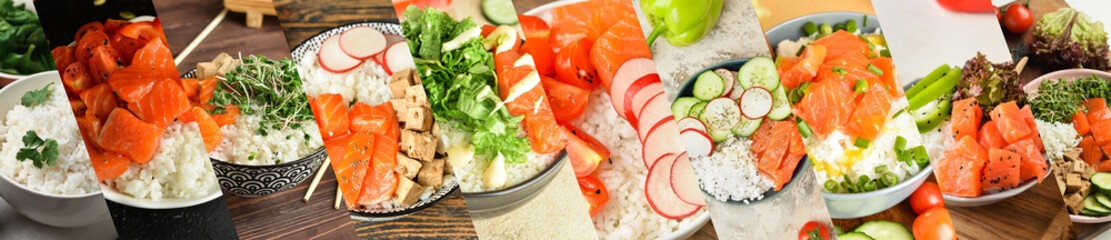 Set of pokee bowls with boiled rice, marinated salmon and fresh vegetables, closeup