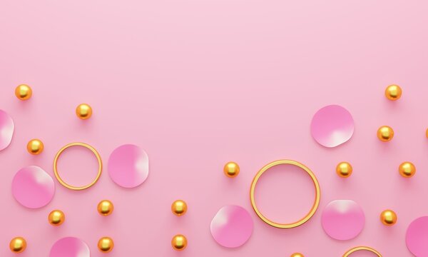 golden round shape and golden ring on the pink blackground.3d rendering.