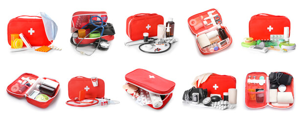 Set of first aid kits isolated on white - obrazy, fototapety, plakaty