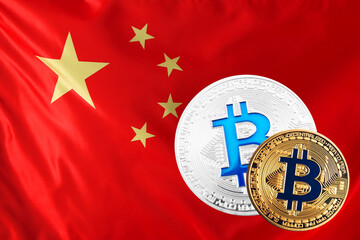 Bitcoins against national flag of China