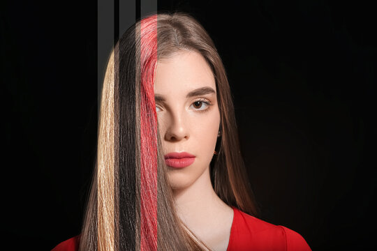 Young woman with beautiful colorful hair on black background