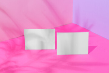 Two blank sheets of paper and shadows on color background