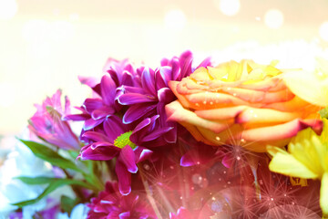 Blurred floral background. Bouquet of flowers, Mother’s day, Birthday, Wedding Banquet or gala dinner.