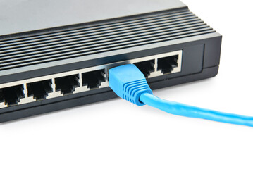 Modern wi-fi router and internet cable isolated on white background, closeup