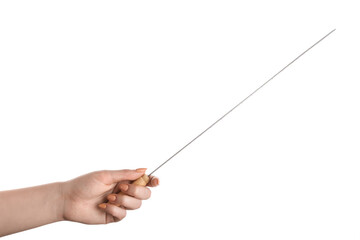 Female hand with wooden skewer on white background