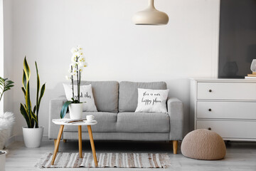 Comfortable sofa, table with orchid flower and cup of coffee in living room interior