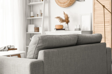 Comfortable grey sofa in light living room, closeup
