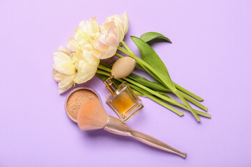 Beautiful tulips, decorative cosmetics and perfume bottle on color background