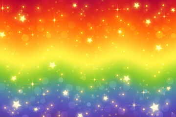 Rainbow fantasy background. Holographic wavy illustration. Bright multicolored sky with stars and bokeh. Vector.