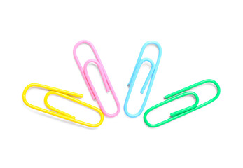 Colorful paper clips on white background, top view