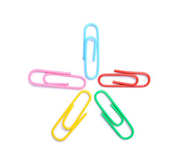 Colorful paper clips on white background, top view