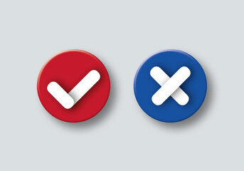 Obraz premium Flat round buttons set of check mark with cross icons and shadow overlay on grey background. isolated. illustration of 3D paper cut design style.