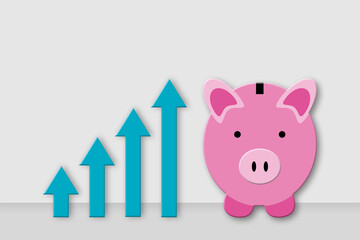 Pink piggy bank with step blue arrow on grey wall background as metaphor for money saving or accumulating, Financial services, Deposit and the future plan concept. copy space. 3d paper cut style.