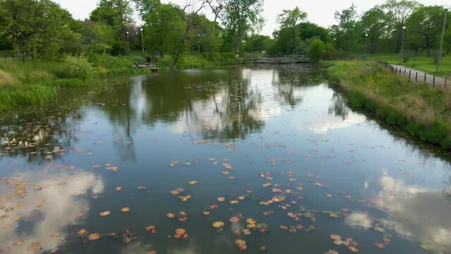 aerial drone view of a local park in Chicago westside during a beautiful evening. the natural green environment and clear water is great for tourism sightseeing