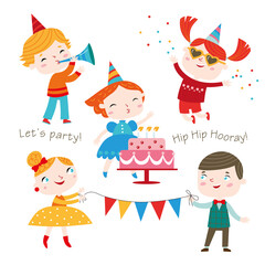 Children having fun at birthday party. Vector collection isolated on a white background.
