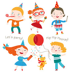 Children having fun at birthday party. Vector collection isolated on a white background.