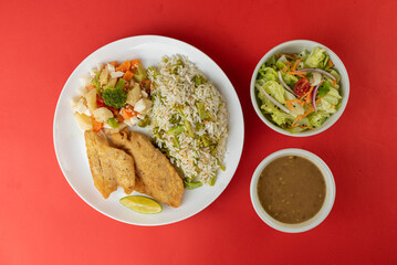 Meal - Fish fillet, rice with broccoli, beans, vegetables in butter and salad