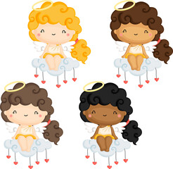 a vector of a cute cupid angel in multiple skin colours sitting on top of a cloud
