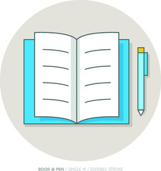 Book with pencil on background, top view, flat lay, editable stroke, pen, notepad colored blue and yellow, shadows. Open magazine or book, notepad with lines. 