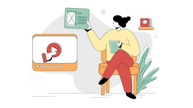 Animation E-Learning Online Education flat illustration, the concept of a woman studying remotely using a tablet while sitting in a chair, Retro style sha line minimal green red yellow