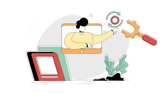 Flat Illustration Vector Graphic of Retraining, concept of a man doing a re-examination on a computer, Retro style minimal green red yellow color, perfect for ui ux development, web