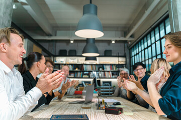 Group of happy diversity multiracial Business team colleague are celebrate successful goal target, cheerful coworker startup office people, team building, teamwork, cooperate, partnership concept